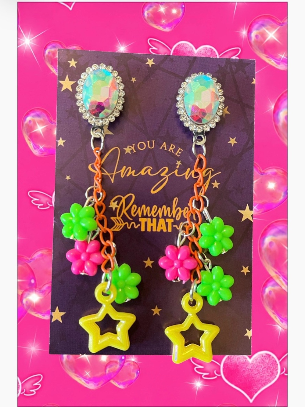 Kids Star & Flower Dangle Earrings - Pink & Green